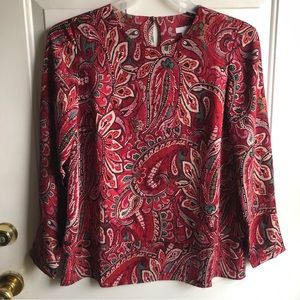 J. Jill women’s red colorful paisley long sleeve keyhole back blouse top size S